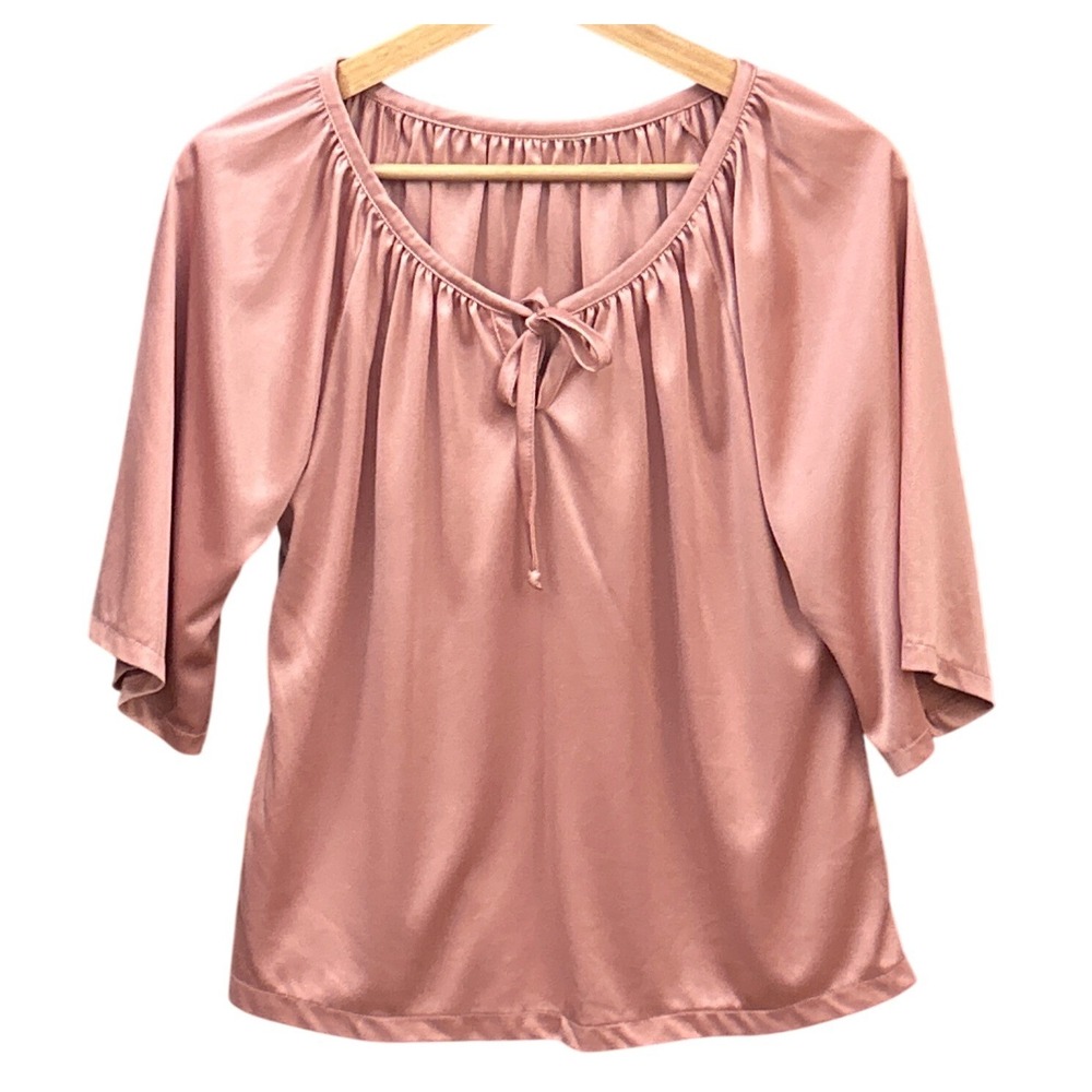 Vintage Pink Satin Blouse Coquette Balletcore Pink Tie Neck 3/4 Sleeve Top